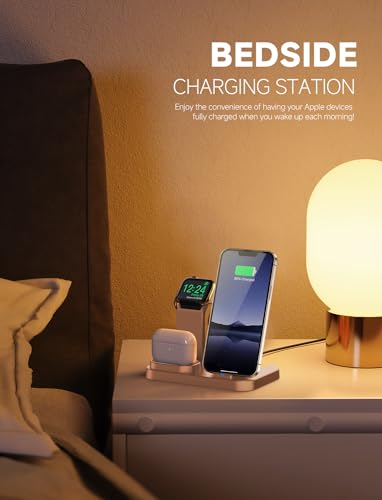 Wireless Charging Station 3 in 1 RJR Compatible with Apple Devices, Charging Dock for iWatch, Built-in Wireless Charger Stand for iPhone Series AirPods Gifts (with 18W Adapter) Rose Gold