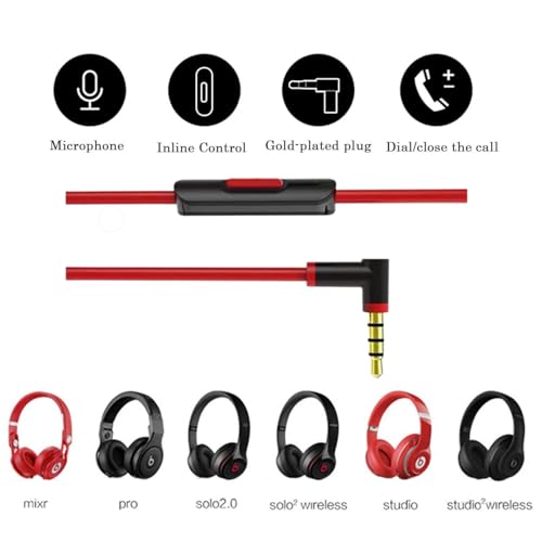 cipher Replacement Audio Cable Cord Wire,Compatible with Beats Headphones Studio Solo Pro Detox Mixr Executive Pill with in Line Mic and Control (Black Red) - color: Black Red