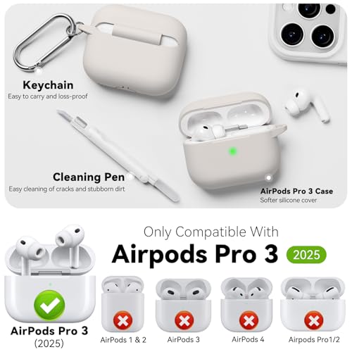 for AirPods Pro 3 Case 2025,Come with Cleaner Kit,Stone | Silicone Protective Cover for Airpod Pro 3rd Generation Case with Keychain,for Women Men,One-Piece Design,Shockproof - color: C-Stone