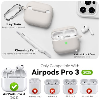 for AirPods Pro 3 Case 2025,Come with Cleaner Kit,Stone | Silicone Protective Cover for Airpod Pro 3rd Generation Case with Keychain,for Women Men,One-Piece Design,Shockproof - color: C-Stone
