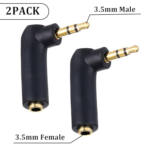 3.5mm Angle Male to Female Audio Adapter, 2 PCS 90 Degree Right Angle Gold-Plated TRS Stereo Jack Plug AUX Connector 3.5mm 1/8" Audio Adapter Compatible with Headset, Tablets, MP3 Players, Speakers