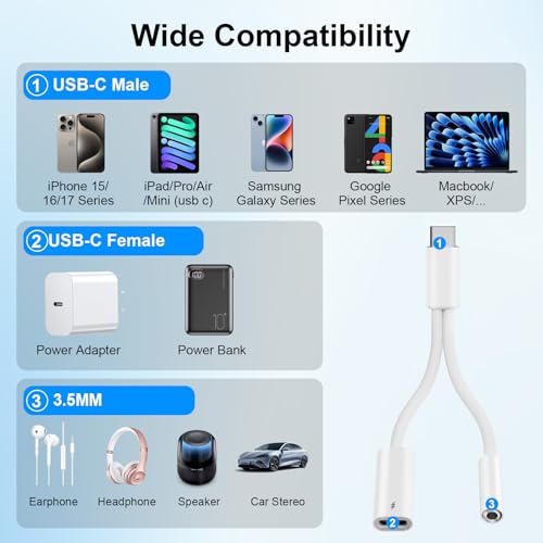 USB C to 3.5mm Headphone Jack Adapter with USB-C Fast Charging Port | USB C to Aux USBC to 3.5mm Audio Adapter Dongle with PD 60W Charge for iPhone 17 16 15/Galaxy Phone, Type C Mac/Tablet/Laptop