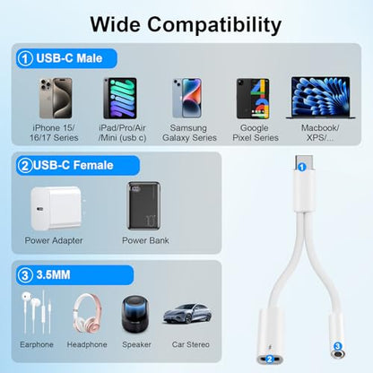 USB C to 3.5mm Headphone Jack Adapter with USB-C Fast Charging Port | USB C to Aux USBC to 3.5mm Audio Adapter Dongle with PD 60W Charge for iPhone 17 16 15/Galaxy Phone, Type C Mac/Tablet/Laptop