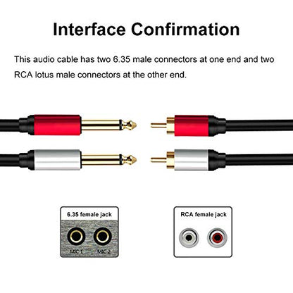 2 x 6.35 mm to 2RCA Cable,Dual 1/4 inch TS Stereo Jack Male to 2 RCA Male Stereo Audio Cable Splitter Adapter (5ft/1.5m, Black) - size: 5ft/1.5m