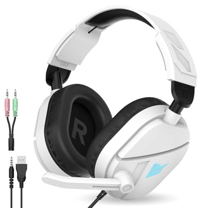 QXQ Wired Gaming Headset for PS5/PS4/PC/Switch, 3.5mm Over-Ear Headphones with Noise-Canceling Mic, RGB LED Light, Deep Bass Stereo Surround Sound, Soft Memory Foam Earpads, All-Day Comfort, White RGB - color: White