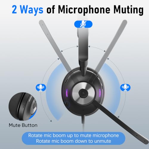 USB Headset with Microphone for PC, Active Noise Cancelling Headphones with ENC Noise Cancelling Mic, Wired Office Computer Headset with Mute for Call Center, Teams, Zoom