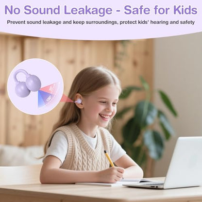 QearFun Kids Cat Open Ear Earbuds with Rotatable Case, 85dB Safe Volume | Kid Clip On Earbuds with Mic, Wireless Bluetooth Headphones, 30+H Playtime, Waterpoof, Anti-Lost Lanyard, Travel School Gift - color: Purple Earbuds