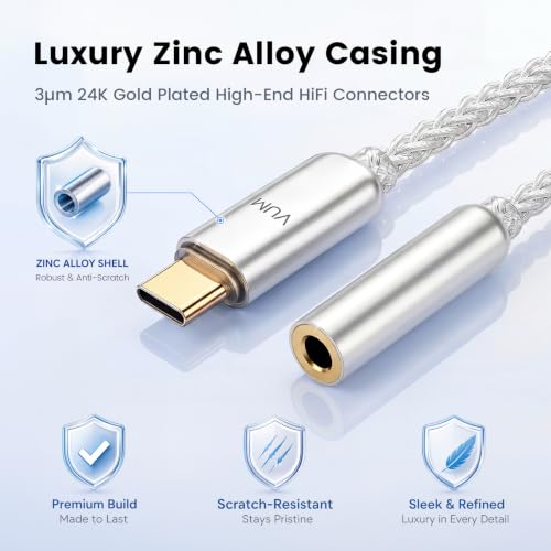 VUM USB-C to 3.5mm Headphone Jack Hi-Res DAC & AMP Dual Chip Audio Adapter | 32-bit/384kHz DAC,5N OCC Silver Plated Cable,24K Gold-Plated Connector,CX31993 & MAX97220 Chipset,TRRS HD Mic Input Supported