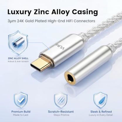 VUM USB-C to 3.5mm Headphone Jack Hi-Res DAC & AMP Dual Chip Audio Adapter | 32-bit/384kHz DAC,5N OCC Silver Plated Cable,24K Gold-Plated Connector,CX31993 & MAX97220 Chipset,TRRS HD Mic Input Supported