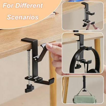 Headphone Stand for Desk Aluminum Alloy Headset Stand with Dual Foldable Hooks Headphone Holder Clamp Mount for Gaming PC Accessories Universal Space-Saving Under Table Headset Hangers - color: black 2