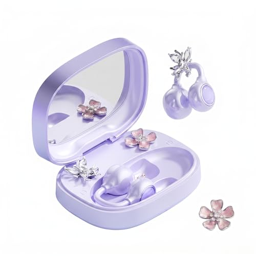 Open Ear Wireless Earbuds for Women with Makeup Mirror Charging Case, Clip-on Bluetooth 6.0 Headphones with Spatial Audio, Includes Flower & Butterfly Earrings, Long Battery Life (Purple) - color: Purple