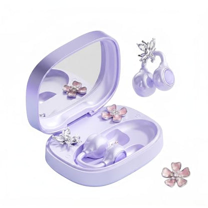 Open Ear Wireless Earbuds for Women with Makeup Mirror Charging Case, Clip-on Bluetooth 6.0 Headphones with Spatial Audio, Includes Flower & Butterfly Earrings, Long Battery Life (Purple) - color: Purple