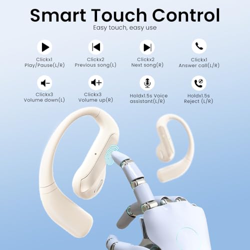 Piluyaa Open Ear Bluetooth 5.3 Earbuds, Wireless Headphones Sport Over Earphones Built-in Mic with Ear Hooks, 58H Playtime Ear Buds Fast Charging, IPX7 Waterproof for Running/Workout-Off White - color: OFF WHITE