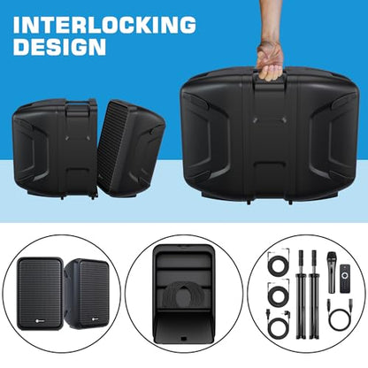 Professional Portable All-in-One Integrated 2-Way PA System Fixed Setup, Suitcase Design w/ 8-Channel Mixer, 2 Speaker Stands, Bluetooth, Mic for Performances, Presentations