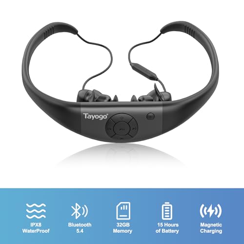 Tayogo W18 Swimming Headphones, IPX8 Waterproof Earbuds for Swimming with 32GB MP3 Player, Bluetooth 5.4, FM Radio & T6 Receiving Mode, in-Ear Underwater Headphones for Lap Swimming - color: BK