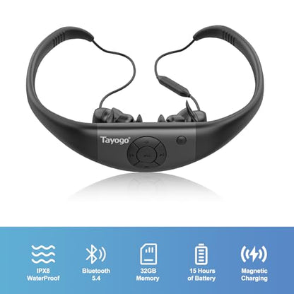 Tayogo W18 Swimming Headphones, IPX8 Waterproof Earbuds for Swimming with 32GB MP3 Player, Bluetooth 5.4, FM Radio & T6 Receiving Mode, in-Ear Underwater Headphones for Lap Swimming - color: BK