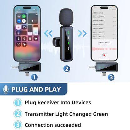 Wireless Mini Microphone for iPhone - 2 Pack Lavalier Microphone for Video Recording, 3-in-1 Noise Reduction Lapel Mic for Ipad, Android, Clip-on Mic for Content Creators Podcast