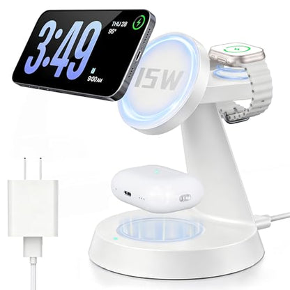 iPhone Charging Station 3 in 1 Wireless Charger for Apple Devices, 15W MagSafe Stand Compatible with iPhone 17 16 15 14 13 12 Pro Max Plus, Charging Dock for AirPods 4 3 2 & iWatch Series (White) - color: White