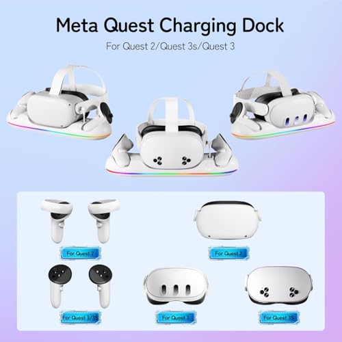 GearSpire 30W Fast Charging Dock Station for Quest 2/3/3S, White RGB LED Stand with USB-C Fast Charging, Controller Charger, VR Headset Accessories30