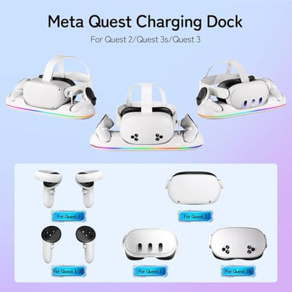 GearSpire 30W Fast Charging Dock Station for Quest 2/3/3S, White RGB LED Stand with USB-C Fast Charging, Controller Charger, VR Headset Accessories30