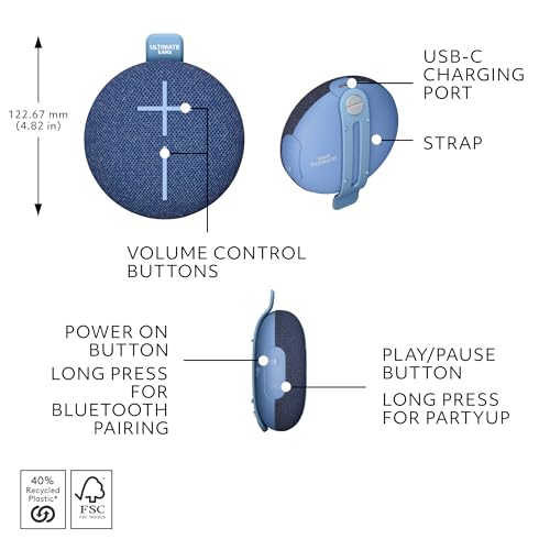 Ultimate Ears MINIROLL Waterproof Bluetooth Speaker - Majestic Blue | Ultra-portable, balanced bass, IP67 dustproof, 131 ft (40 m) range - color: Blue