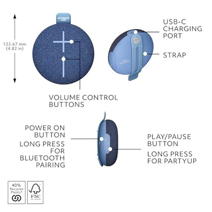 Ultimate Ears MINIROLL Waterproof Bluetooth Speaker - Majestic Blue | Ultra-portable, balanced bass, IP67 dustproof, 131 ft (40 m) range - color: Blue
