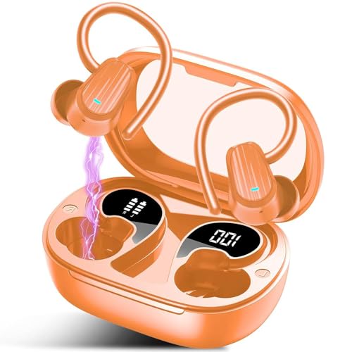 Wireless Earbuds, Headphones Sport Bluetooth 5.4, Over Ear Buds with ENC Noise Canceling Mic, Deep Bass Stereo Earphones with Hook, 50H Playback, LED Display Ear Buds for Workout Running, Deep Orange | 50H Playback, IP7 Waterproof Earphones for Workout R