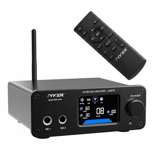 Jyker Hi-Fi DAC Stereo Amplifier w/Bluetooth 5.2-2 Channel Class D TPA3116 x2 ES9023 Audio Amp for Passive Speakers, AUX/SUB Outputs, Opt/USB/MIC/RCA Inputs, Bass Treble Echo, Colored LCD (400, Watts)