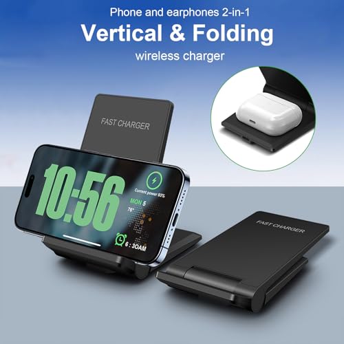 Wireless Charger 2 in 1, 20W Fast Wireless Charging Stand Station Foldable for iPhone 17 16 15 14 13 12 Pro Max/XS,Air Pods, for Samsung Galaxy S25/S24/S23/S22/S21/S20,Note20/10,Galaxy Buds
