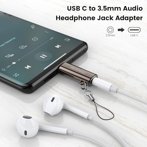 MOSWAG USB C to 3.5mm Headphone Adapter, Typc C to 3.5mm Aux Headphone Adapter, USB C to Aux Audio Zinc Alloy Adapter for Samsung GalaxyS23 S22 S21 Ultra, Pixel 7/6 iPad Pro/Air/Mini | Hi-Fi Audio Converter and Microphone in Zinc Alloy High Resolution Com