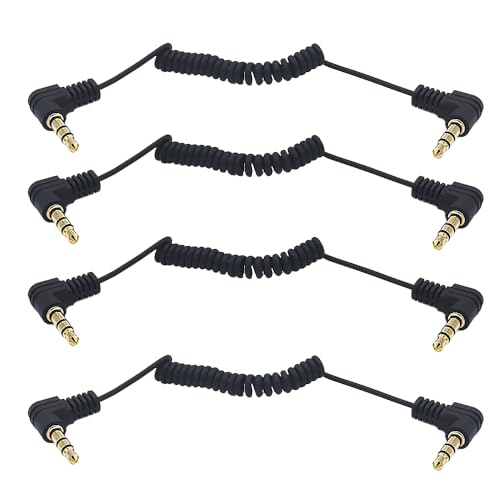 3.5mm Jack Audio Coiled Cable 12 Inch Max, 4 Pack, OD 1.5MM, Right Angle 1/8" 3.5mm TRS Stereo Male Spring Spiral Aux Cord for Headphone, MP3, Speakers, Car Stereo