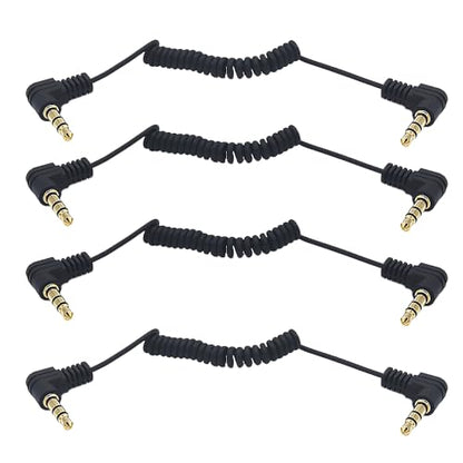 3.5mm Jack Audio Coiled Cable 12 Inch Max, 4 Pack, OD 1.5MM, Right Angle 1/8" 3.5mm TRS Stereo Male Spring Spiral Aux Cord for Headphone, MP3, Speakers, Car Stereo