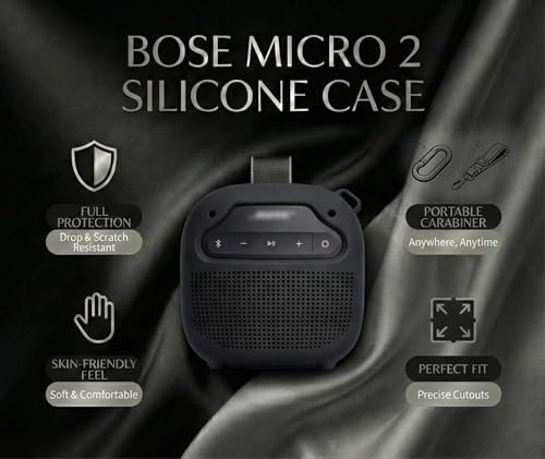 Protective Silicone case for Bose New SoundLink Micro Portable Bluetooth Speaker (2nd Gen) -Anti-Slip Silicone Cover with Stand Feet,Carabiner & Adjustable Neck Strap (Black) - color: Black
