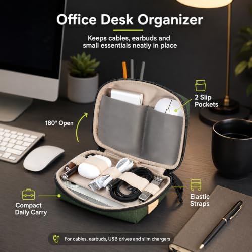 SIMTOP Electronics Travel Organizer, Compact Charger Case | Soft padded polyester helps protect cables, power banks, adapters and earbuds from light splashes and daily scratches - color: Green