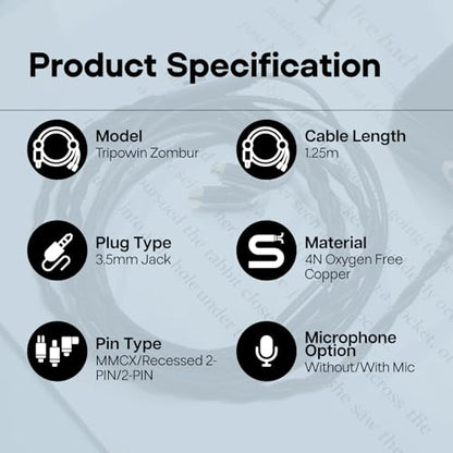 Tripowin Zombur 4N High Purity OFC IEM Replacement Cable with 3.5mm Jack - size: With Mic, style: 2pin 0.78mm