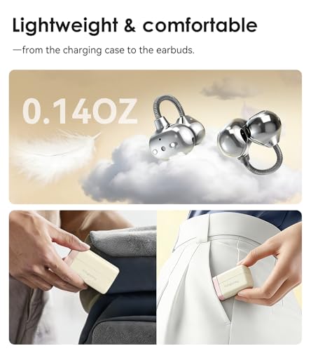 King Lucky Open-Ear Clip-On Earbuds for Running, Bluetooth 6.0 Wireless Headphones with Memory Spring, Secure Fit for Small Ears & Glasses Wearers, 45H Playtime, ENC Mic, IPX5 Waterproof (White) - color: White
