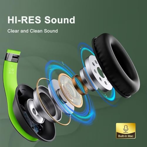 Wireless Bluetooth Headphones Over Ear V6.0 HiFi Stereo with Mic | 65H Playtime 6EQ Modes Foldable Bluetooth Headset with Microphone for Travel Smartphone Computer Laptop Green - color: Green