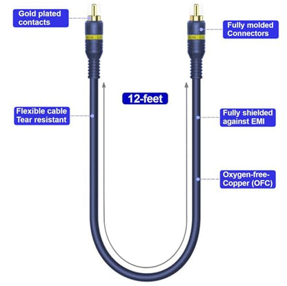 RCA Cable, 12ft,1-RCA Male to 1-RCA Male, Shielded, Gold-Plated Connectors, for Speakers/Subwoofers, Amplifiers, Home Theater Receivers, HDTV, Hi-Fi Systems, etc (2-Pack) - size: (2-Pack) 12-Feet