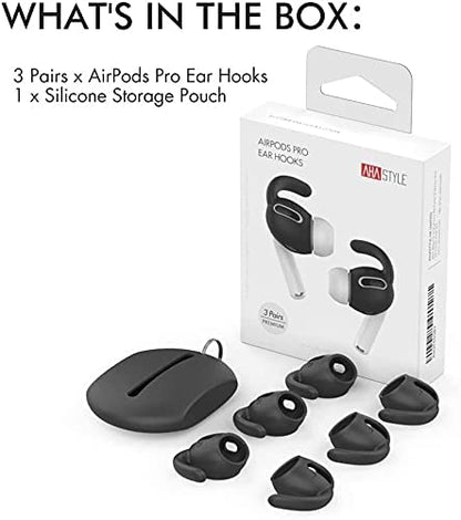 AhaStyle 3 Pairs AirPods Pro Ear Hooks Covers Accessories [Added Storage Pouch] Compatible with Apple AirPods Pro 2019 (Black) | Added Storage Pouch, Anti Slip, Secure Fit, Comfortable Silicone Ear Tips Compatible with Apple AirPods Pro 2019 (Black) - col