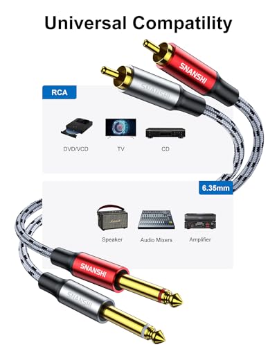 SNANSHI Dual 1/4 Inch to Dual RCA Cable 6.6ft, Nylon Braided 2 x 6.35mm TS to 2 RCA Male Stereo Audio Interconnect Cord for Studio Monitors, Mixer, Amplifier, Receiver - Gold Plated, Shielded