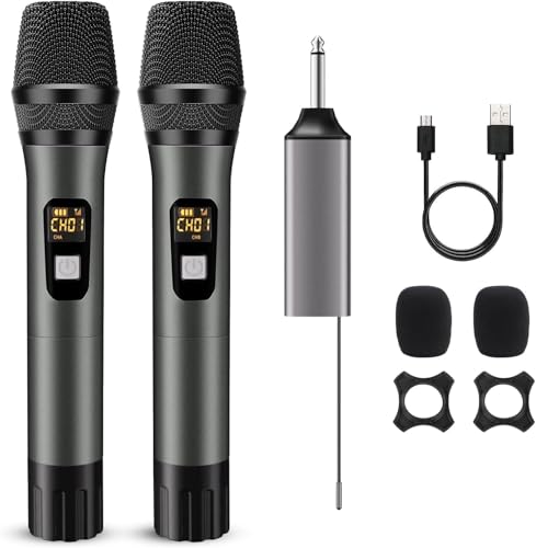 Wireless Microphone, UHF Handheld Cordless Dynamic Mic, 200ft Auto Connect | 2 Dual Metal Mic System Set with Rechargeable Receiver, for Karaoke Singing Speech Party Wedding Church Home KTV