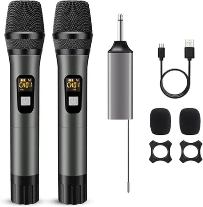Wireless Microphone, UHF Handheld Cordless Dynamic Mic, 200ft Auto Connect | 2 Dual Metal Mic System Set with Rechargeable Receiver, for Karaoke Singing Speech Party Wedding Church Home KTV
