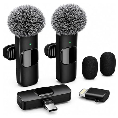 Wireless Lavalier Microphone for iPhone Android, 2Pcs Mini Mic, Plug & Play | Noise Cancelling, 64dB Adaptive, 0.35oz Featherweight, 65ft Range, 6H Battery, for Content Creators Vlogging, YouTube, TikTok