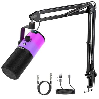 Aveek USB/XLR Dynamic Microphone with Boom Arm for Gaming & Streaming | RGB Lighting, Noise Cancellation, One-Touch Mute, Monitor Mix & Headphone Jack for PC & PS5