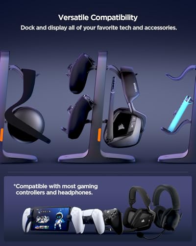 Spigen Gaming Controller and Headset Stand for PlayStation, Xbox, Nintendo Switch 2, Razer, Gaming Headphones and Headsets, Universal Desk Stand Mount, 2 Tiers with Storage Cable Organizer - Black