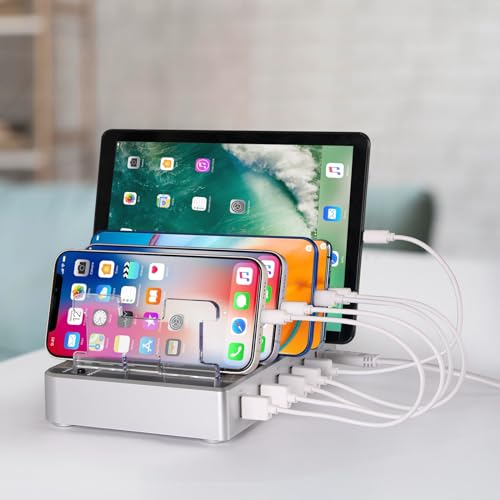 Charging Station for Multiple Devices, 6 Ports Multi Devices USB Charger Fast Cell Phone Charging Station for iPhone iPad Tablet (Silver, 6 Mixed Cables Included)