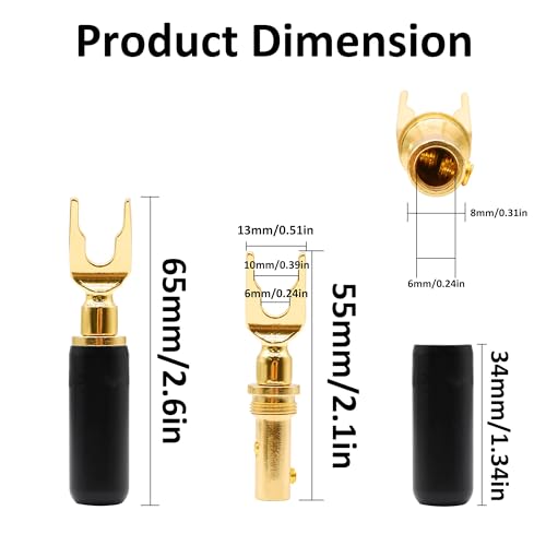 Y Spade Speaker U Fork Banana Plugs Connectors 4pcs | Gold Plated Barrier,Solderless Terminals,for Speaker Amplifier Sound System Home Audio Wire Cable