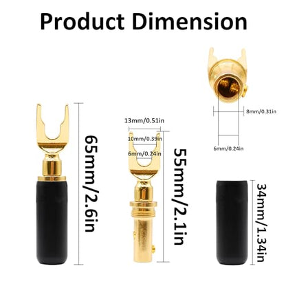 Y Spade Speaker U Fork Banana Plugs Connectors 4pcs | Gold Plated Barrier,Solderless Terminals,for Speaker Amplifier Sound System Home Audio Wire Cable