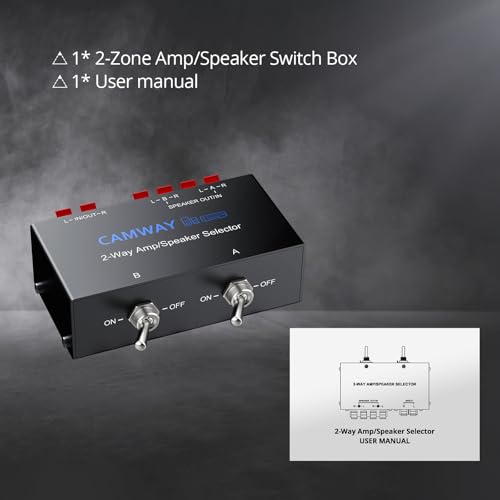CAMWAY 2-Zone Speaker Selector Switch - 1 Amplifier to 2 Speaker Pairs,Independent On/Off Control, 150W RMS, Passive Audio Splitter for 4-16Ω Speakers, Home Theater, Patio & Multi-Room Audio - size: 4.7x3x1.6inch