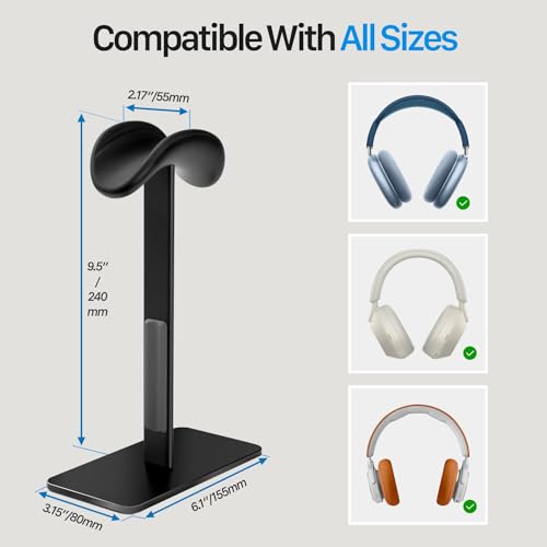 Headphone Stand for AirPods Max 2 & 1 Auto Sleep Mode, Black | Aluminum Pole & Stable Base, Anti-Scratch ABS Headset Holder, Anti-Scratch Touch Surface, Universal Compatibility - color: Black